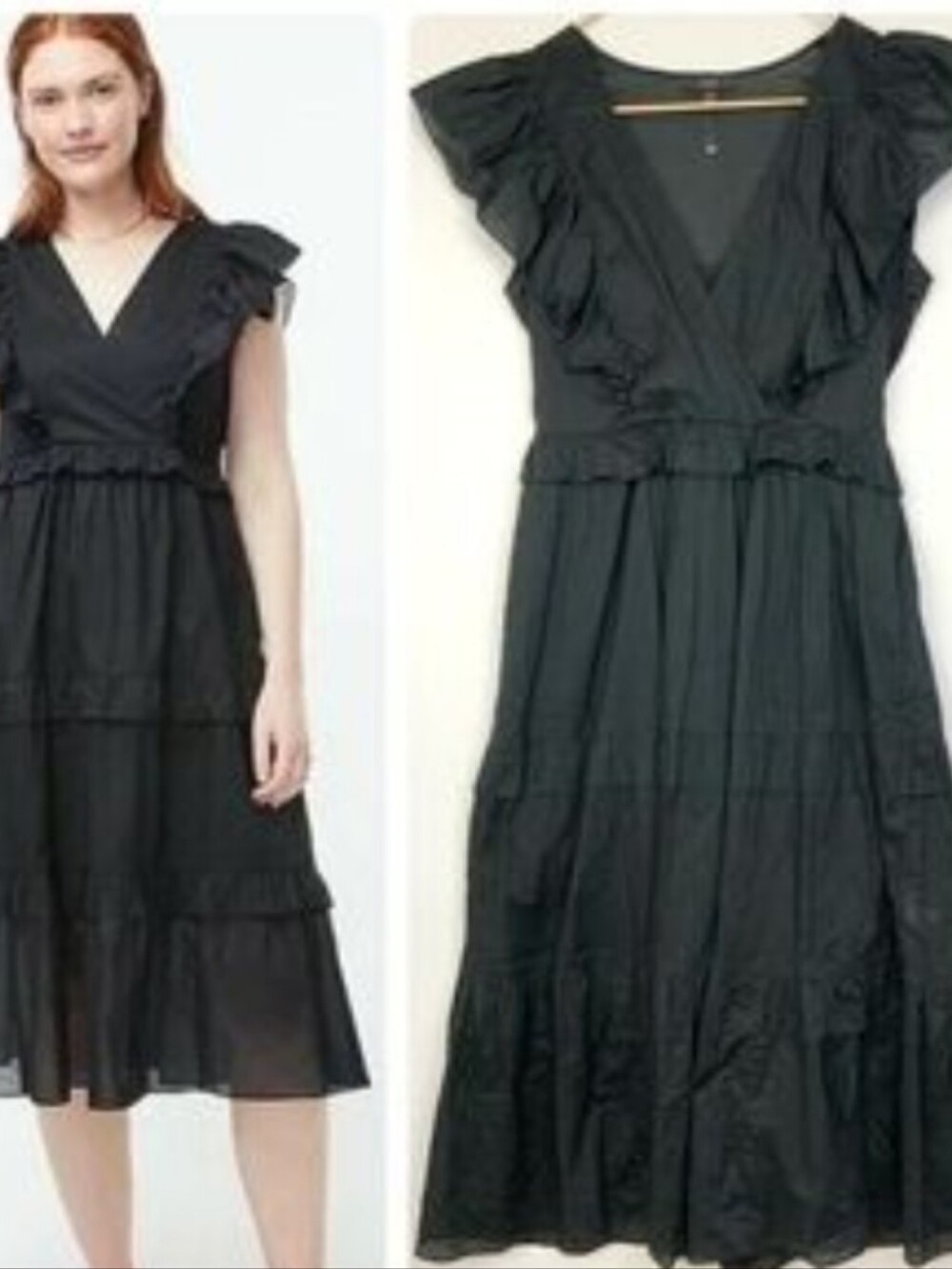 J. Crew Black Ruffle Tiered V‑Neck Midi Dress